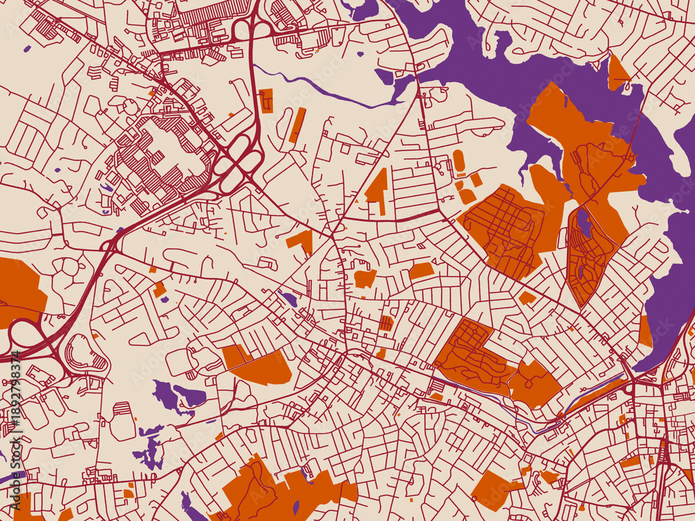 Fototapeta premium Street network map of Peabody, Massachusetts, muted violet water and terracotta