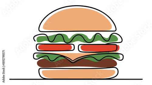 Burger illustration icon with lettuce tomato and cheese, fast food sandwich graphic for restaurant menu, food delivery and cafe branding