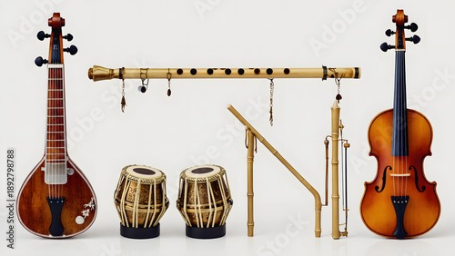Assortment of traditional Indian and Western musical instruments displayed together.