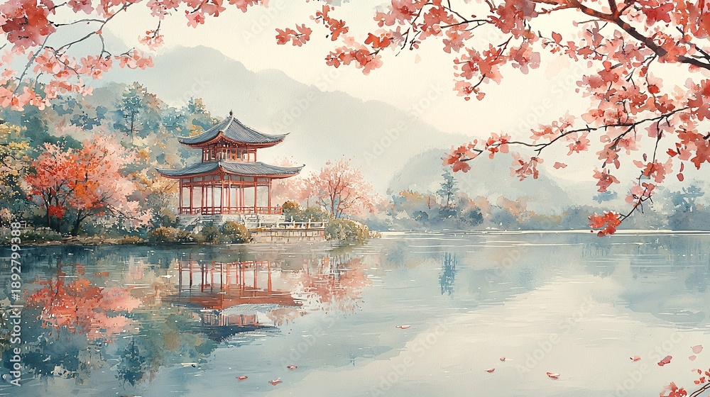 Obraz premium Pavilions and towers with cherry blossoms blooming by the lake