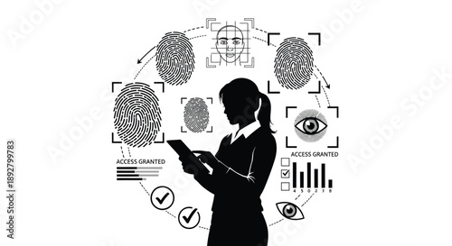 Woman accessing secure biometric authentication system on mobile device with fingerprint and facial recognition