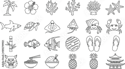Tropical travel and ocean life line icon set featuring beach, marine animals, food, flip flops, and Asian elements