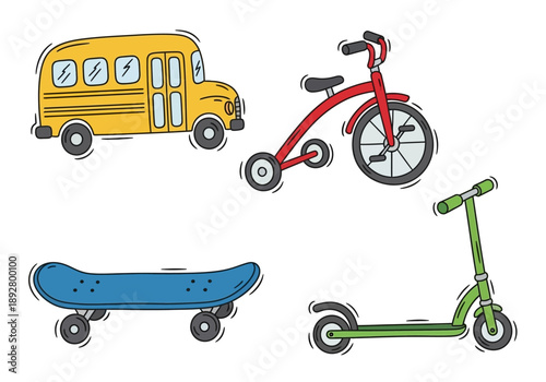 Cartoon vehicles including a bus tricycle skateboard and scooter