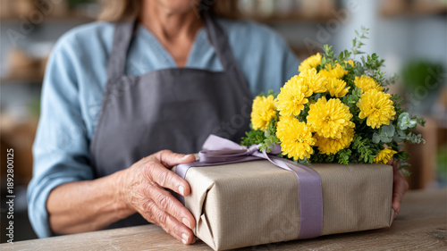 Florist holding gift with yellow flowers in shop