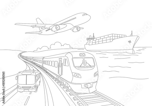 Line art depicting various modes of transport airplane cargo ship train and bus