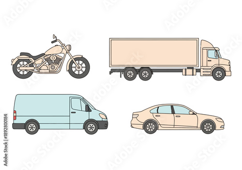 Four distinct vehicles motorcycle truck van and sedan drawn in profile