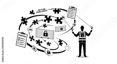 Man assembling puzzle pieces around a secure data center with documents and padlocks