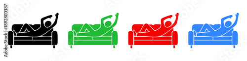 Stick figure icons of people relaxing on sofas: reading, working, drinking coffee, and lounging. Set of colorful silhouettes on white background.