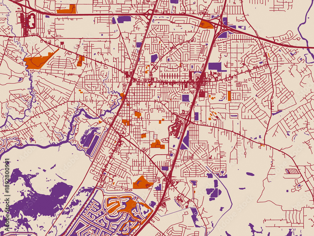 Naklejka premium Minimal city map of Sidell, Louisiana with burgundy linework on cream