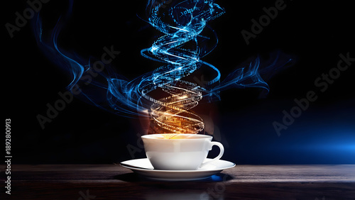 White coffee cup with swirling blue steam on a wooden table against a dark background.