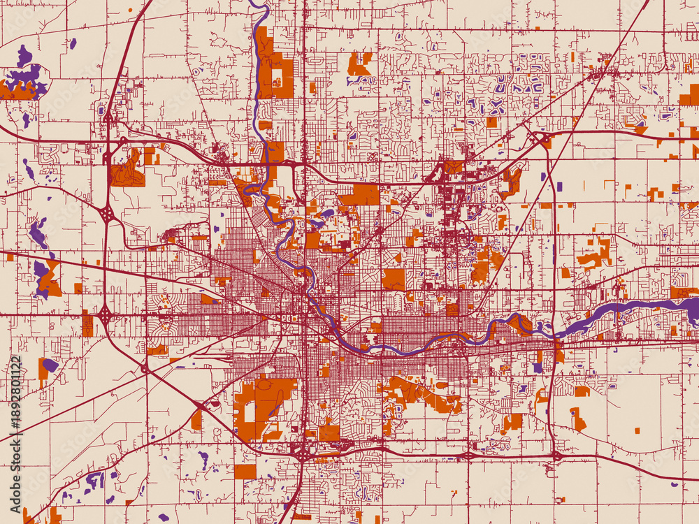 Fototapeta premium Urban map poster of South Bend, Indiana – warm boho color palette