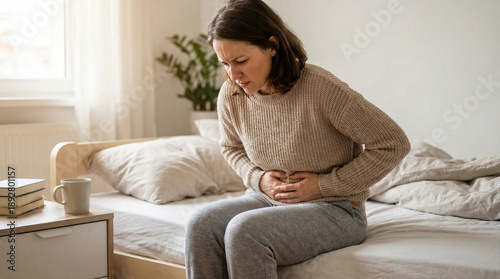 Woman holding stomach in pain on bed.