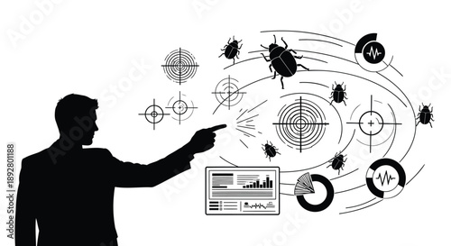 Man analyzing bug infestation data on computer screen with various graphs and charts surrounding him