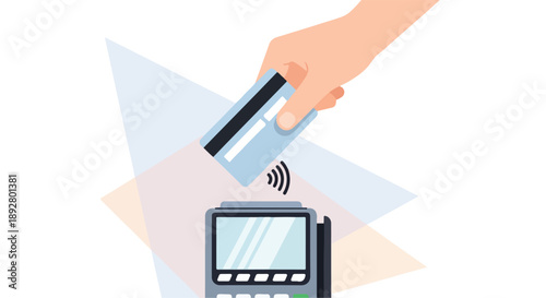 Hand Holding Credit Card Over POS Terminal for Contactless Payment