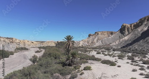Wide Tabernas Desert badlands panorama with road