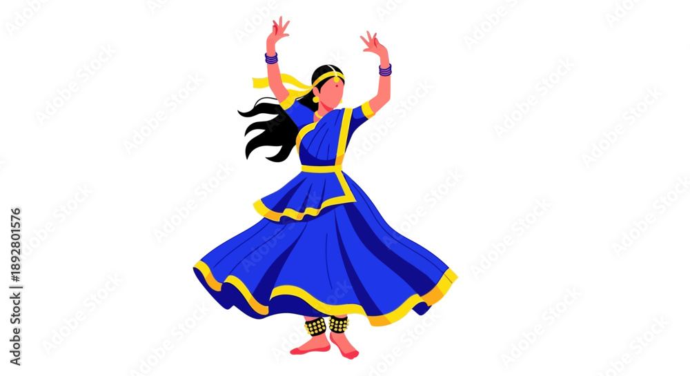 Fototapeta premium Illustration of a woman in traditional Indian attire dancing with arms raised against a white background