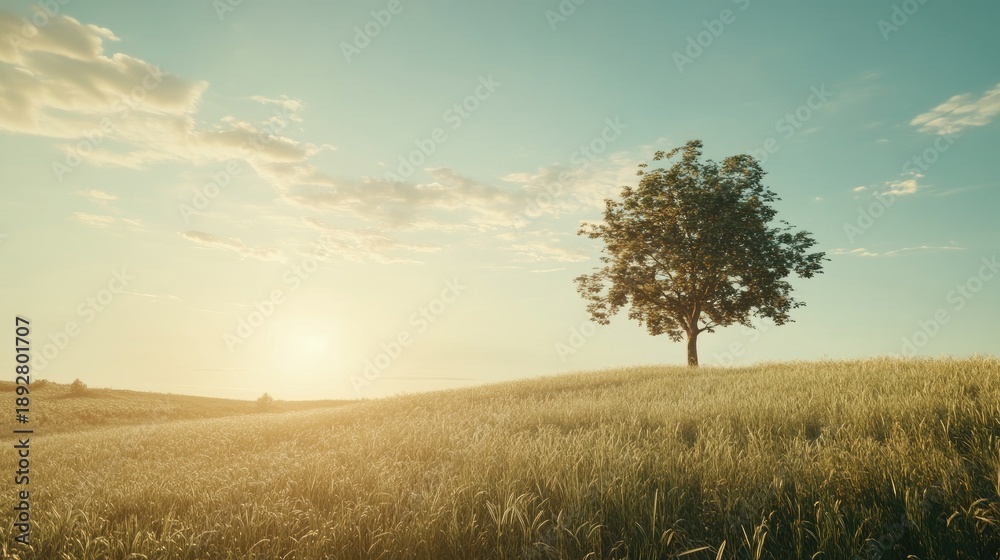 Obraz premium Golden Meadow Serenity: Lone Tree Silhouetted Against a Sunlit Sky
