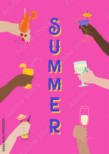 Illustration de verres à cocktails tenu par des mains.  Verre à martini, verre à vin, flotte de champagne, mocktail à l'orange,... pour affiche d'événements, de célébrations et de fêtes.