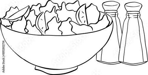 Greek salad in a bowl. salt and pepper shaker. Cafe composition hand drawn illustration. Vector graphic line ink Black white art. Organic healthy food. design for fashion graphics, textile prints