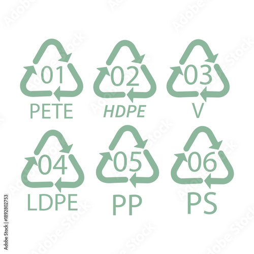 Recycling symbols for plastic materials PETE HDPE V LDPE PP PS