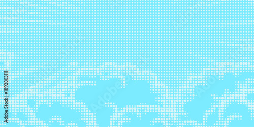 Dotted comic cloud background. White halftone clouds in blue sky. Pop art heaven wallpaper for banner, brochure, collage, poster, leaflet. Pixelated smoke, smog or fog texture. Vector illustration