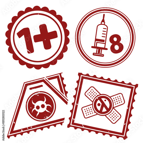 Censored and warning label stamp set, including '18 Plus' icons for content restriction and mature audience notifications.