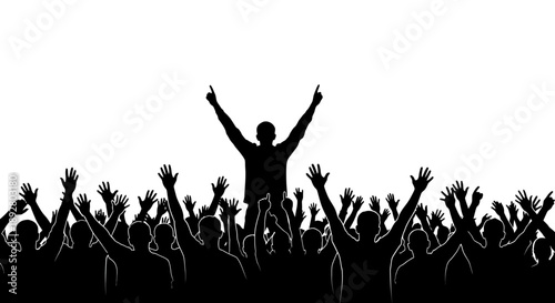 Silhouette of a man with arms raised standing in front of a crowd of people with hands up in the air against a white background.