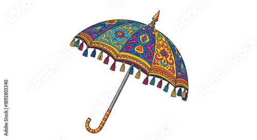 Vibrant umbrella with colorful tassels and intricate patterns on a white background