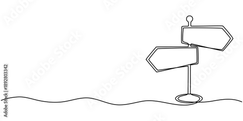 Road direction sign arrows with weed isolated on white background. Continuous one line drawing. Vector illustration for banner, web, design element, template, postcard
