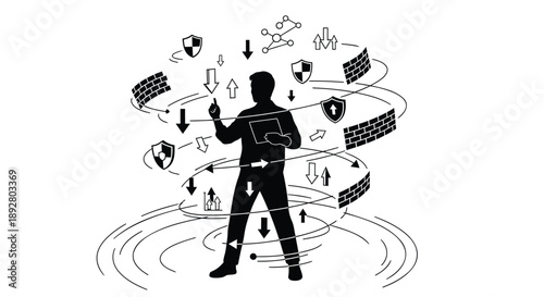 Person interacting with digital security elements and data protection symbols around them in a futuristic interface