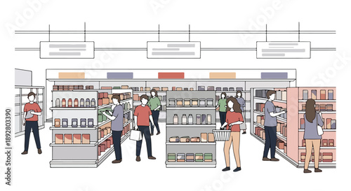 People Shopping in Modern Grocery Store Aisle Vector Illustration