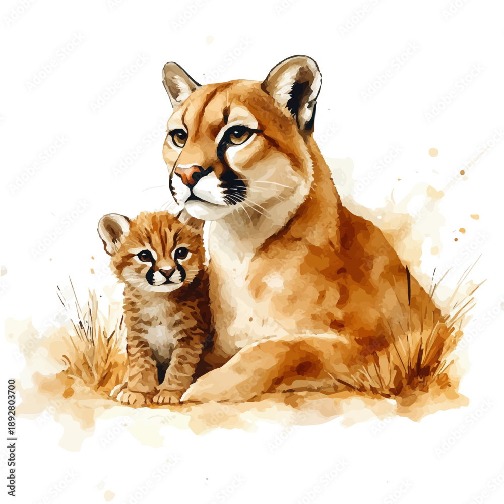 Obraz premium watercolor vector of A Mother Cougar With Her Kid, isolated on a white background.