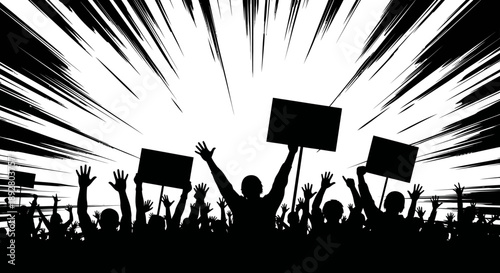 Silhouette of a crowd of people protesting with signs against a dynamic black and white background.