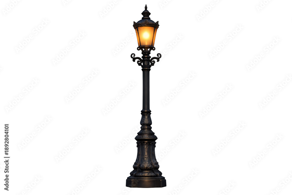 Fototapeta premium Vintage street lamp glowing in darkness, providing classic antique illumination, cutout isolated on transparent background