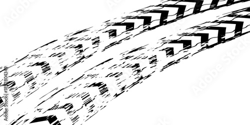 Grunge tire tracks, wheel braking marks. Truck, car or motorcycle tread pattern silhouettes. Auto race, motorsport, speed racing design element. Vector illustration