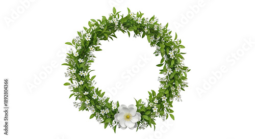 Wreath of green leaves and small white flowers with a large white bloom