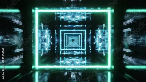 Wallpaper Mural Neon-lit tunnel with reflective surfaces and futuristic square-shaped lights, creating a psychedelic corridor effect Torontodigital.ca