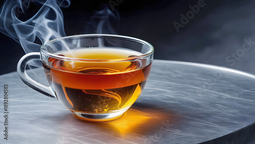 Steaming cup of hot tea on a metallic surface.