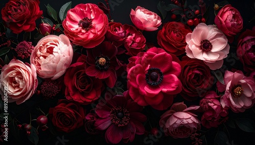 A beautiful bouquet of red and pink flowers arranged closely together on a dark background from a top view
