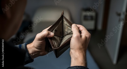 Empty wallet (no money) in the hands of an man. Cost control expenses poverty in concept