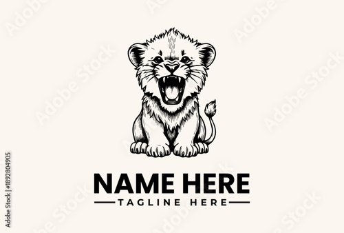 A black and white illustration of a roaring lion cub with a logo template and placeholder text on a beige background.