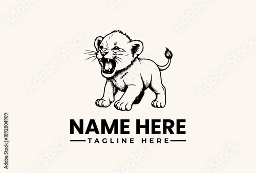 A black and white illustration of a roaring lion cub with a customizable name and tagline on a plain background, featuring a logo and vector design elements.