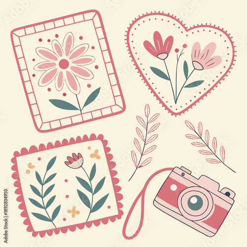 Charming handmade illustration pack with stitched frames and textile textures, creating a unique, cozy, and crafty aesthetic.