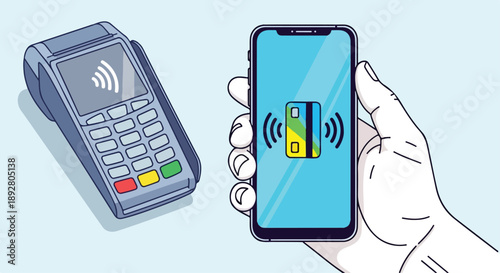 Hand Holding Smartphone with Contactless Payment Card and POS Terminal