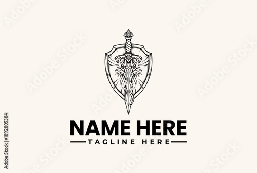A black and white illustration of a sword piercing a shield with a leafy design, accompanied by placeholder text for a name and tagline on a light beige background.