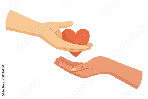 An illustration of two hands exchanging a red heart symbol