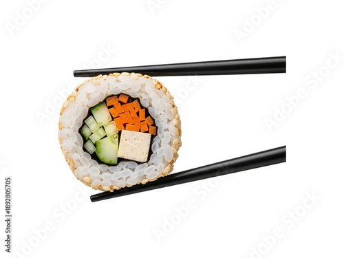 Delicious sushi roll held by chopsticks isolated on transparent background