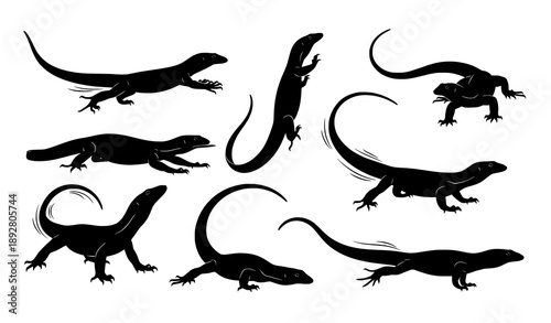 Monitor lizard silhouettes vector collection dynamic reptile movement