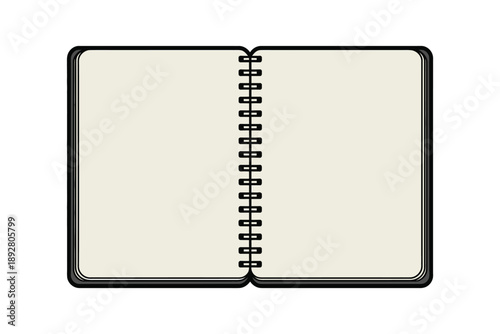 An open spiral bound notebook with blank pages on a white background