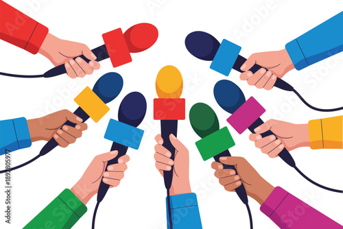 A group of hands holding colorful microphones in a circular formation